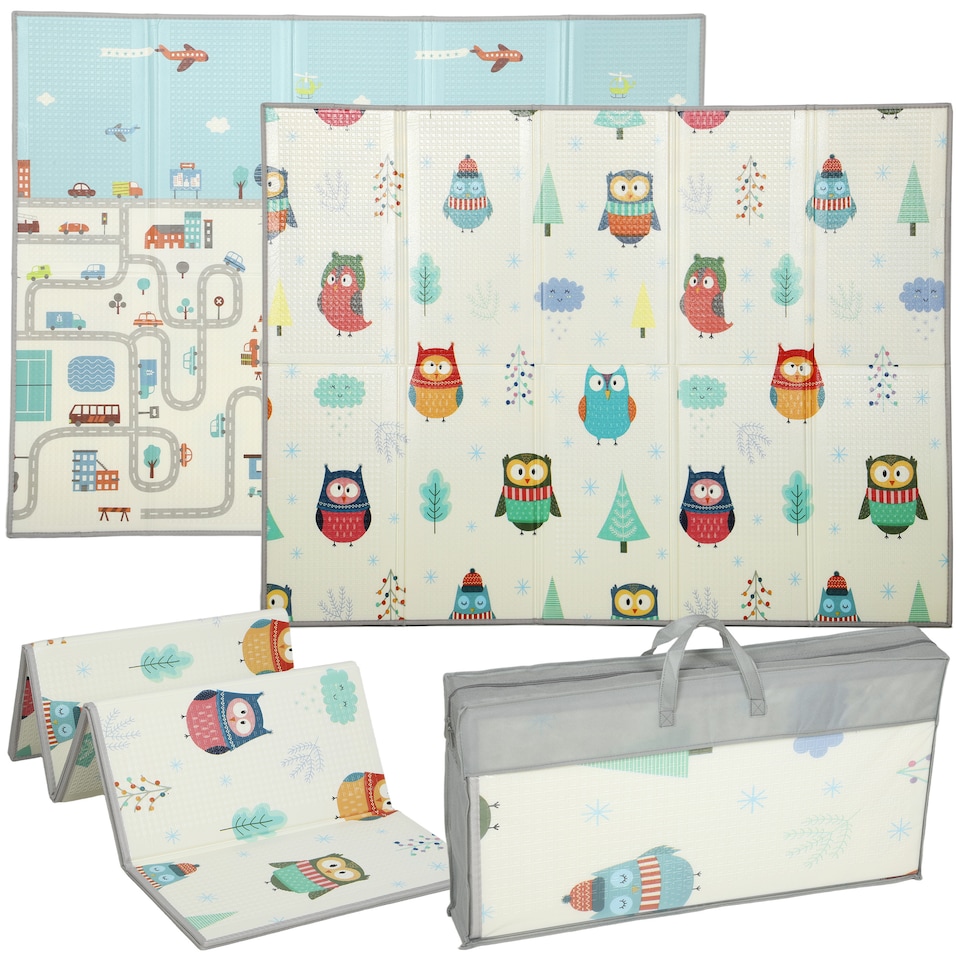 image 1 of AIYAPLAY Baby Play Mat Double-Sided, Foldable and Waterproof Large Foam Playmat, Reversible Kids Floor Mat for Crawling, Learning and Development, 195.5L x 147.5W cm, Car Track and Owl Theme