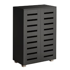 Oslo 2 Door Wooden Shoe Storage Cabinet Rack Stand Cupboard Slatted Doors | Black