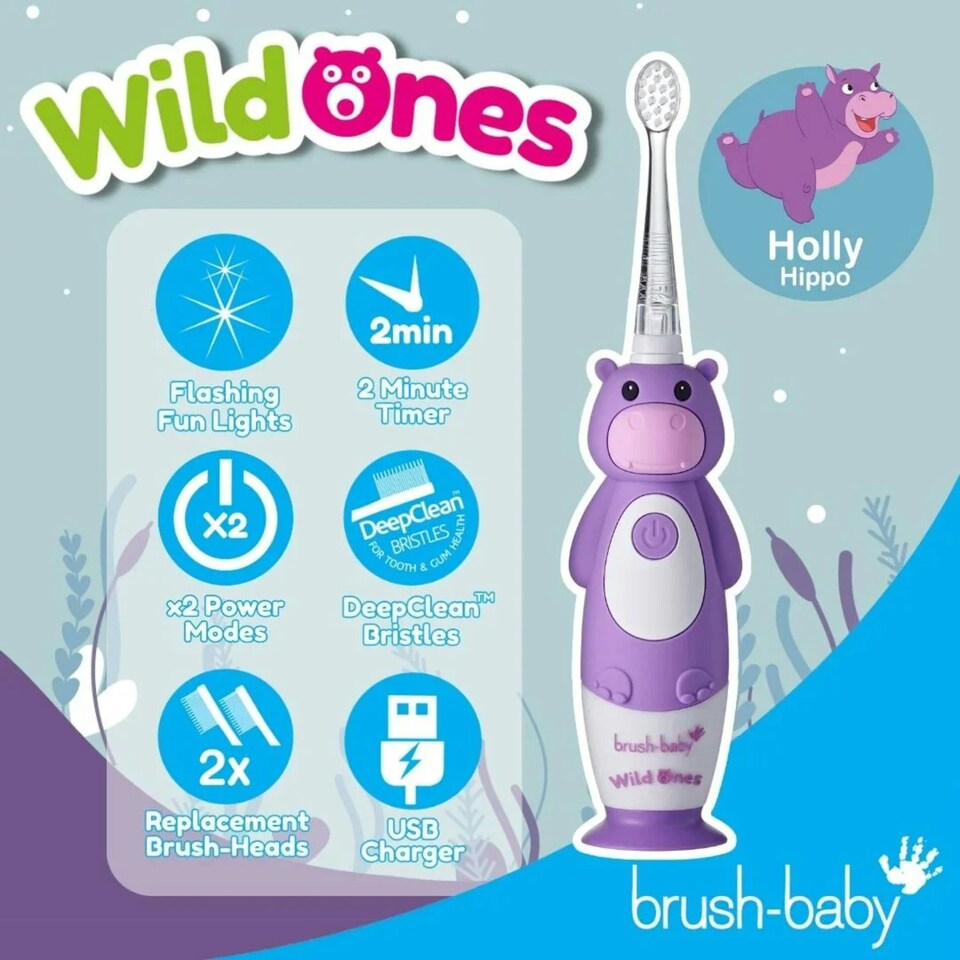 image 1 of Brush Baby WildOnes™ Hippo Kids Electric Rechargeable Toothbrush & Applemint Toothpaste