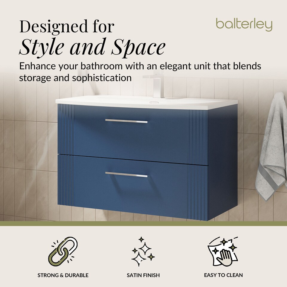 image 1 of Balterley Partial Fluted 2 Drawer Wall Hung Vanity Unit with 1 Tap Hole Curved Basin | Blue | Satin Blue