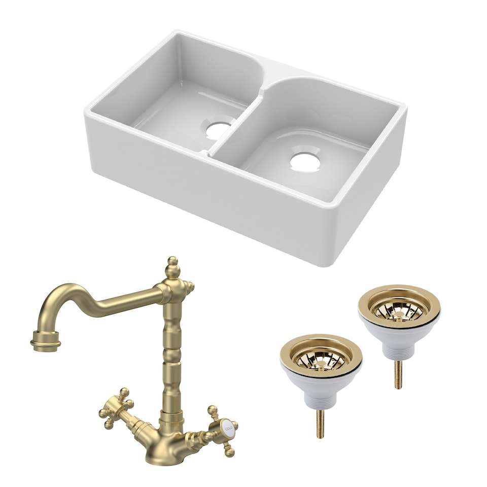 image 1 of Fireclay Kitchen Bundle - Double Bowl Stepped Weir Butler Sink, Wastes & French Classic Tap, 795mm - Brushed Brass - Balterley
