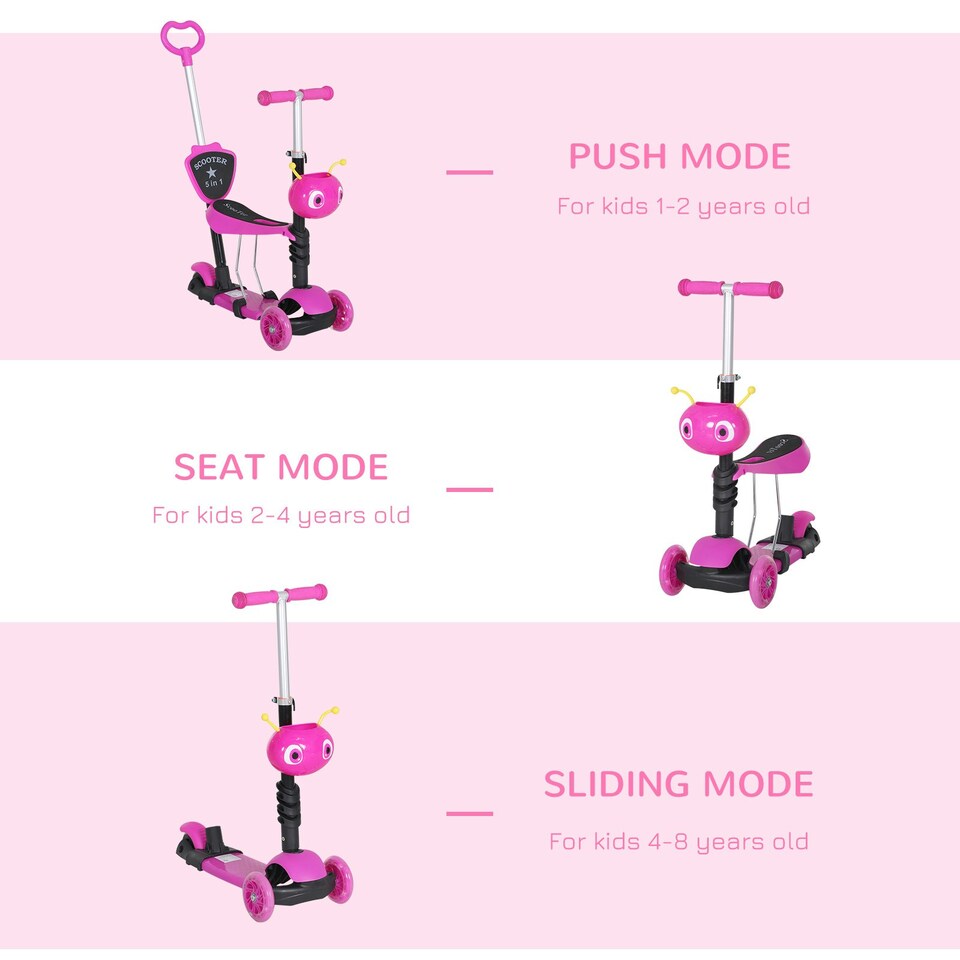 image 1 of Kids Kick Scooter, Three-Wheel Walker w/ Removable Adjustable Seat, Pink