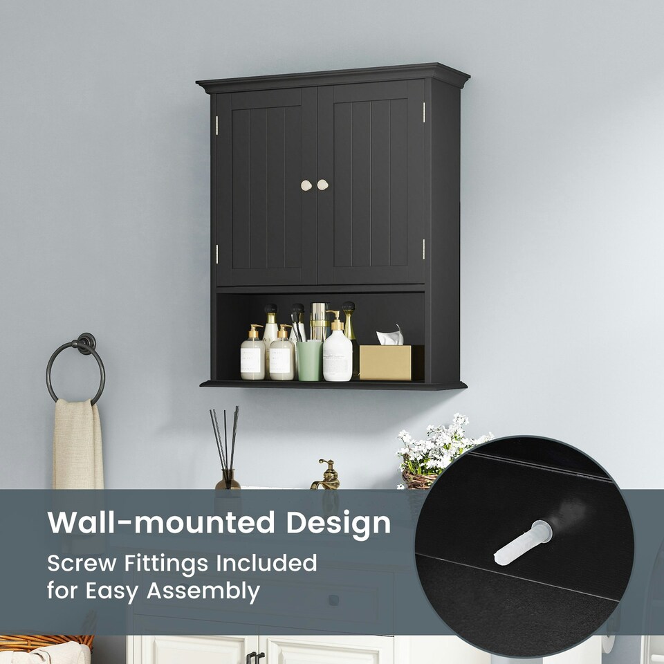 image 1 of COSTWAY Bathroom Wall Mounted Cabinet Wooden Cabinet Black