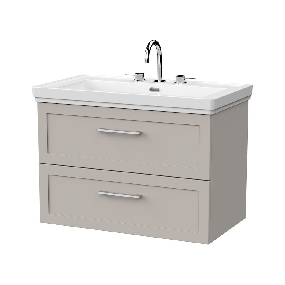 image 1 of Balterley Stonnall Traditional Wall Hung 2 Drawers Vanity Unit with Traditional 3 Tap Hole Fireclay Basin, 800mm, Pebble Grey