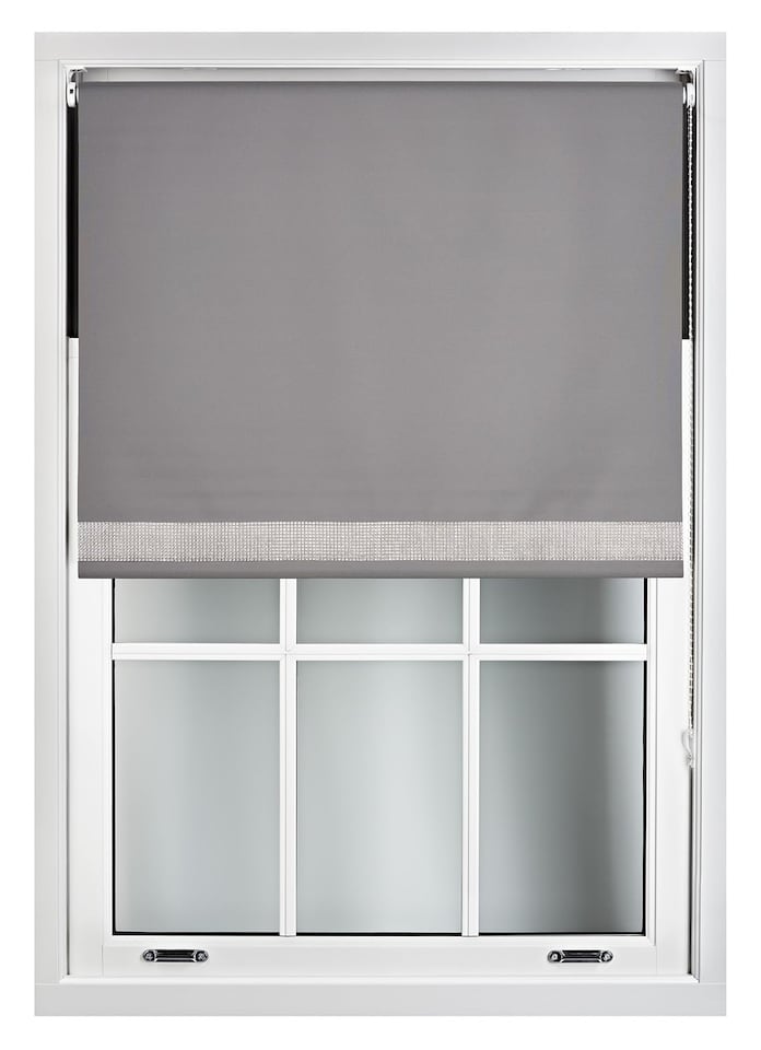 image 1 of FURNISHED Thermal Blackout Roller Blinds with Diamante Edge Made to Measure Window Shade | Grey | Dark Grey | (W) 150cm x (L) 165cm