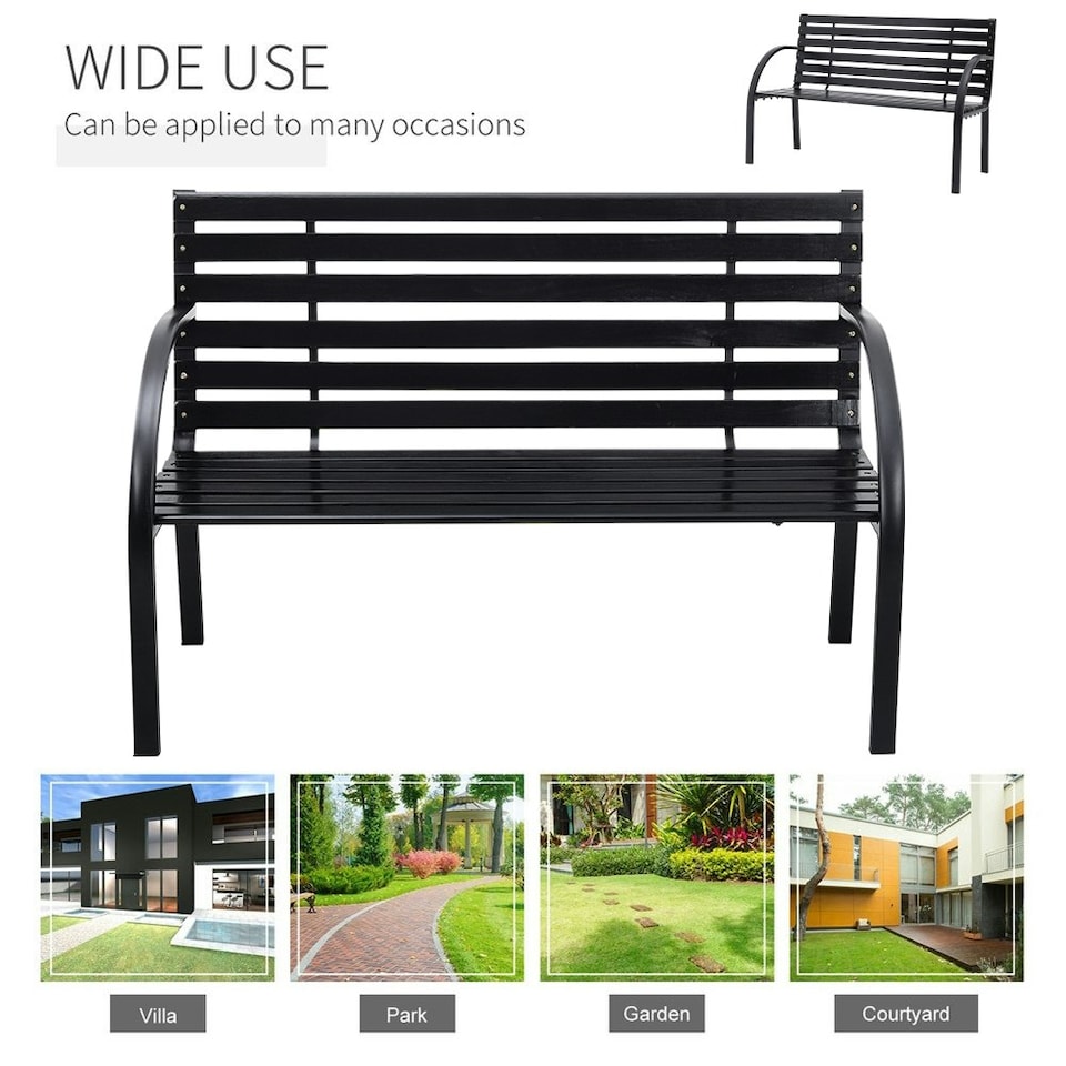 image 1 of Living and Home Outdoor Garden Metal Wood Bench with Backrest - Black