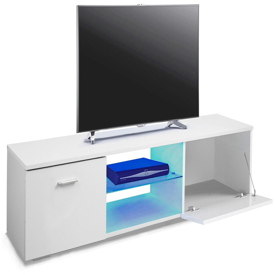 image 1 of MDA Designs Auriga White Modern TV Cabinet for Flat TV Screens of up to 65" Entertainment Unit with Shelves and Built-in Blue LED Lights White