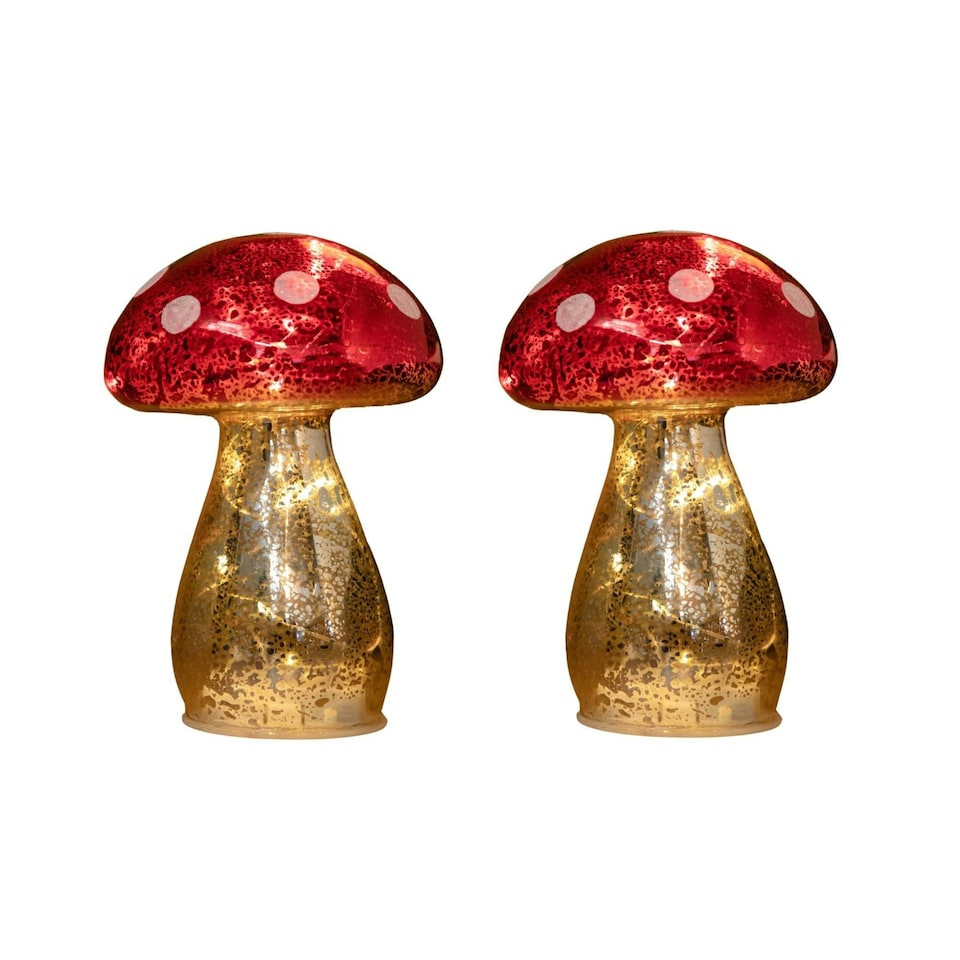 image 1 of Pair of 16cm Battery Light up Christmas Mushroom Decoration with Warm White LEDs