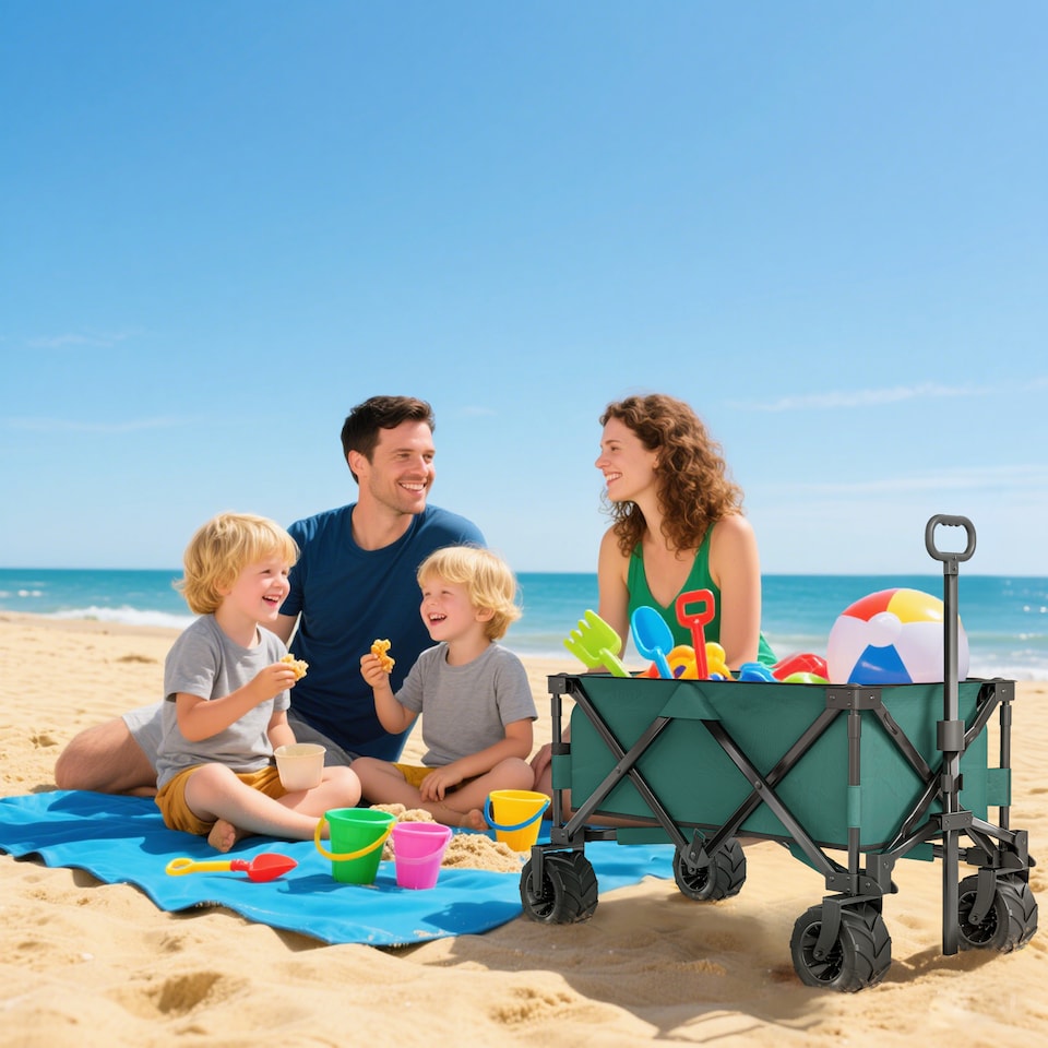 image 1 of Outsunny Outdoor Cart Folding Cargo Wagon Trailer Beach w Handle Dark Grey