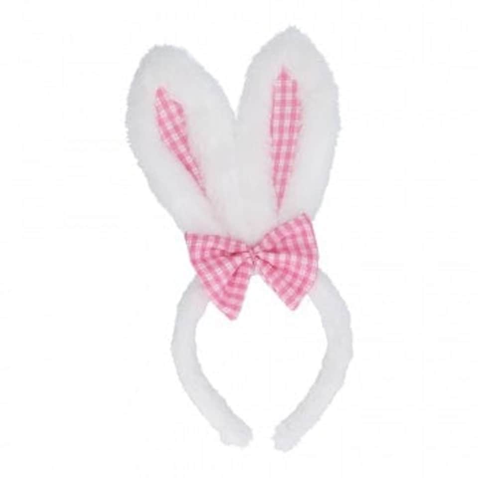 Gisela Graham Easter Fluffy Bunny Ears Headband with Pink Gingham Bow