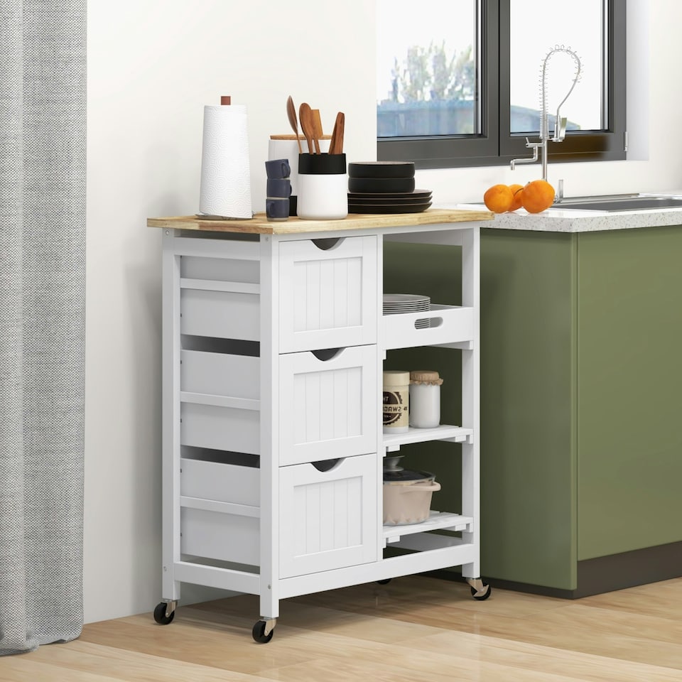 image 1 of HOMCOM Rolling Kitchen Island Cart, Bar Serving Cart, Compact Trolley White