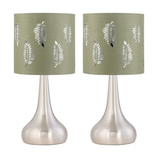 Set of 2 Romana - Brushed Chrome Touch Lamps with Sage Green Fern Silver | Green