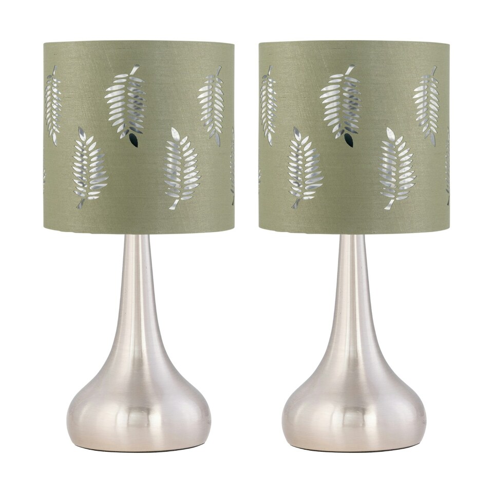 image 1 of Set of 2 Romana - Brushed Chrome Touch Lamps with Sage Green Fern Silver | Green