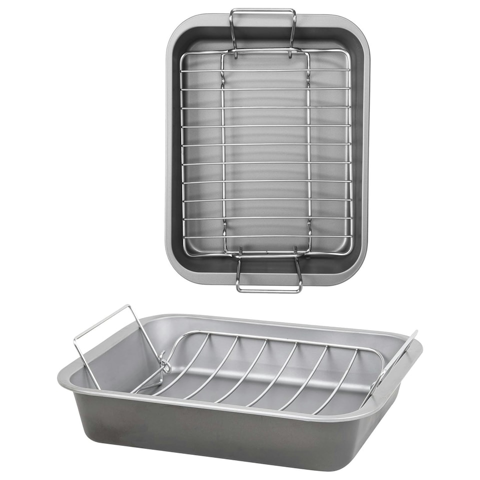 image 1 of 36cm Non-Stick Stainless Steel Curved Roasting Rack & Tray for Ovens Silver
