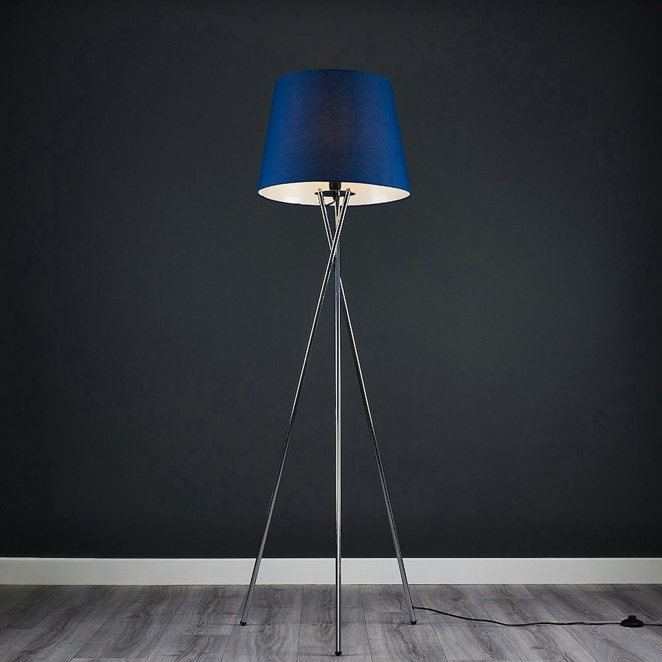 image 1 of ValueLights Camden Chrome Tripod Floor Lamp Navy Taper Shade & Bulb Blue