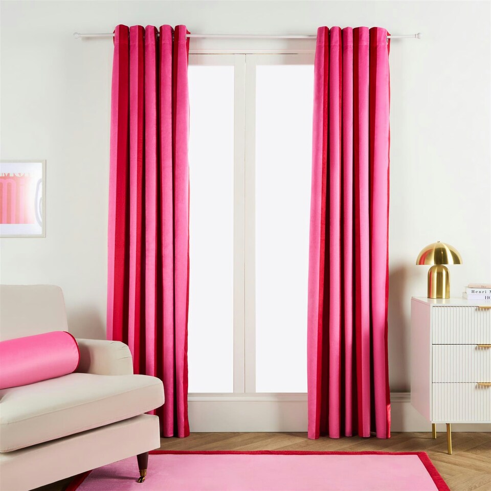 image 1 of OHS Stripe Print Ultra Blackout Panel Pair Eyelet Curtains, 90x90" Pink