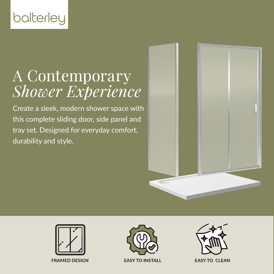 image 1 of Balterley Sliding Shower Door Suite: Safety Glass Sliding Door, Side Panel & Resin Shower Tray | Silver | Chrome | 3