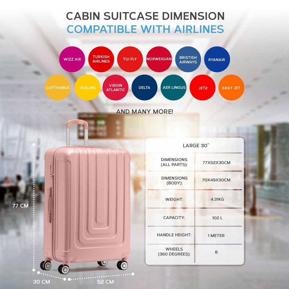 image 1 of Flight Knight Premium Lightweight Suitcase - Built-in Side Lock - 8 Spinner Wheels - ABS Hard Shell Carry On Or Check in Luggage - 100 Airlines Approved Pink | Rose Gold | Large