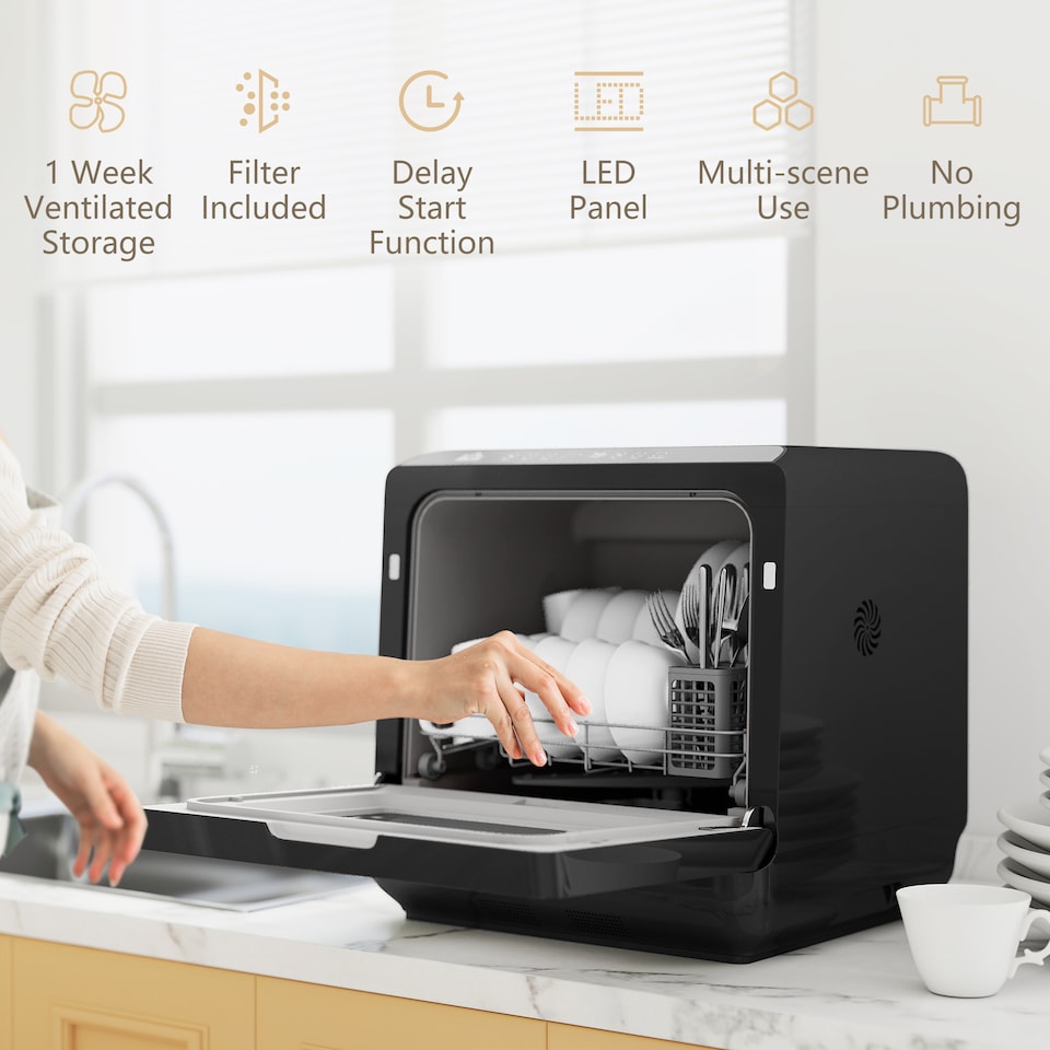 image 1 of HOMCOM Table Top Dishwasher, Mini Countertop Dishwasher No Plumbing with Built-in 6L Water Tank, 6 Programs, Touch Control, LED Display, 4 Place Settings, Dual Water Supply and Fruit Wash, Black