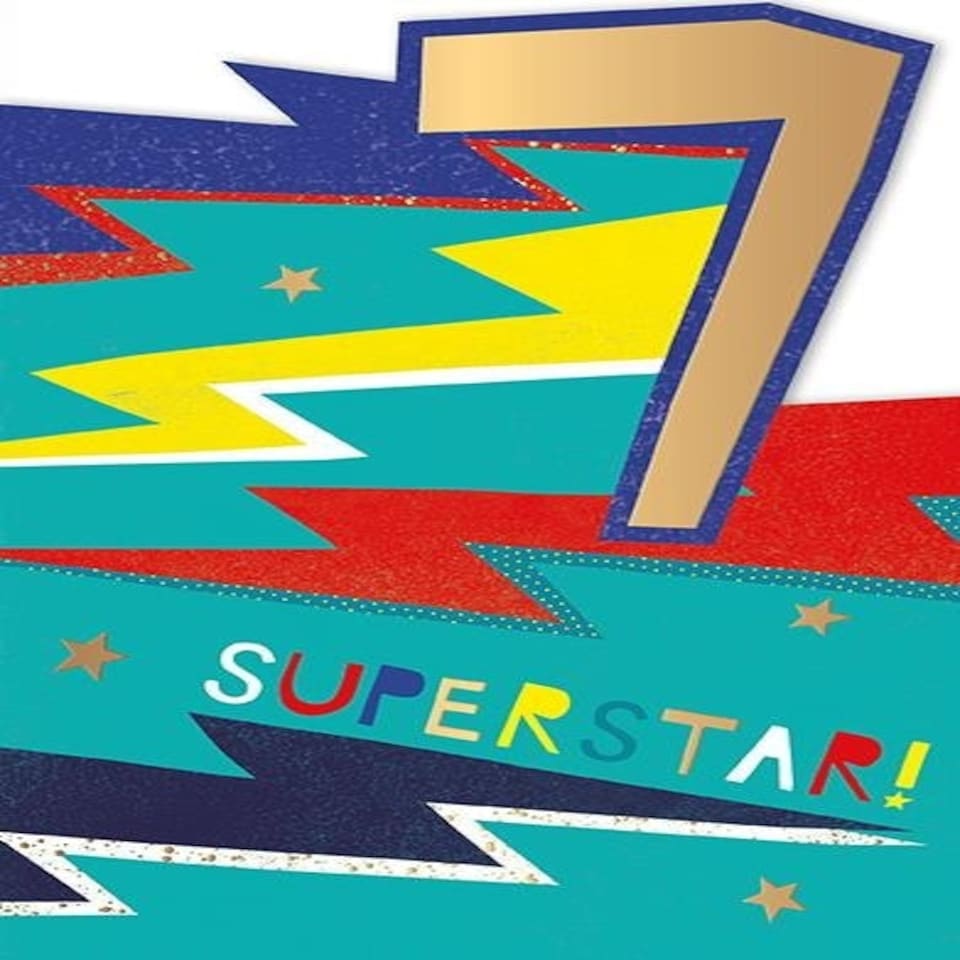 Words 'n' Wishes Milestone Age 7 Male Birthday Card for Boys - 'Superstar!' Stars and Lightning Bolts with Gold Foil and Die Cut Edge - Made in England