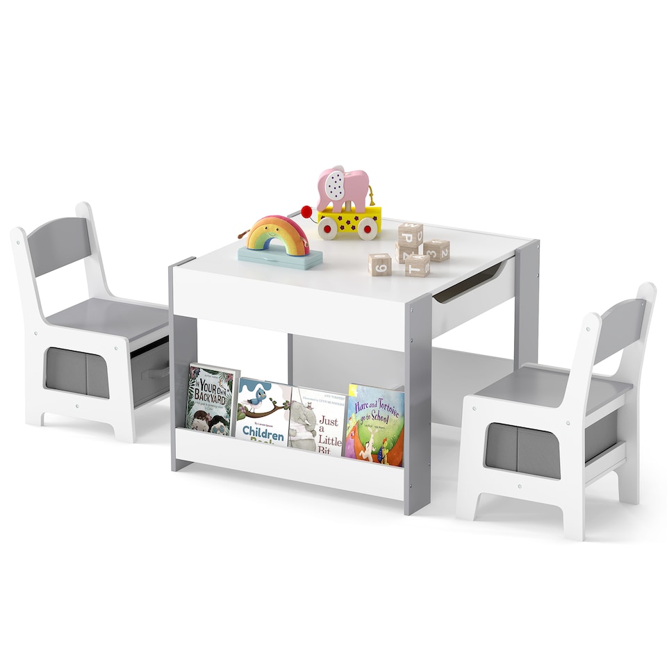 image 1 of COSTWAY Kids Table and 2 Chairs Set Multifunctional Gray