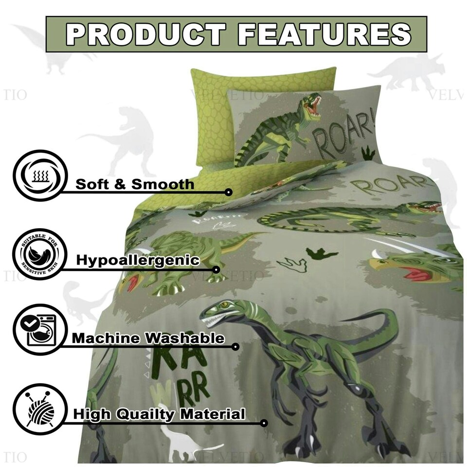 image 1 of VELVETIO Kids Roar Dinosaur Duvet Cover Set Printed Beddings Multi | Single