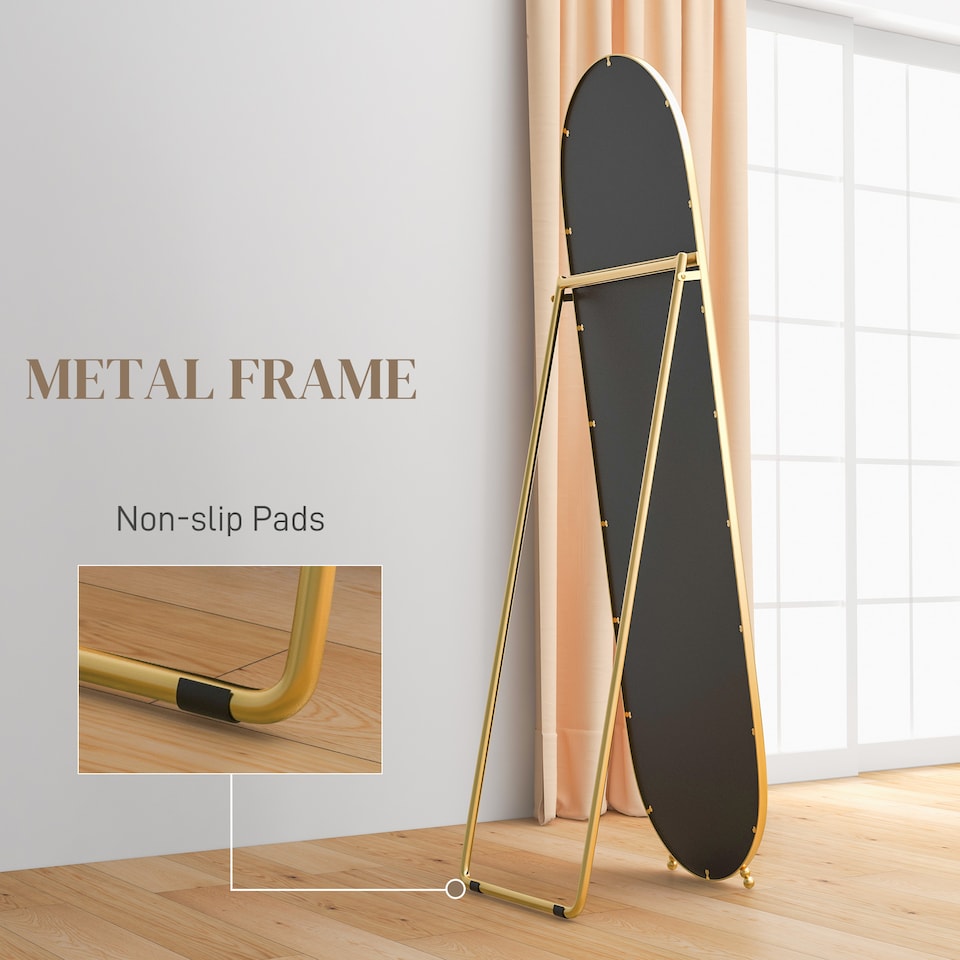 image 1 of HOMCOM 40  160cm Full Length Mirror, Floor Standing or Leaning Against Wall Tall Mirror with Support Frame, Oval Full Body Mirror for Bedroom, Living Room, Gold Tone