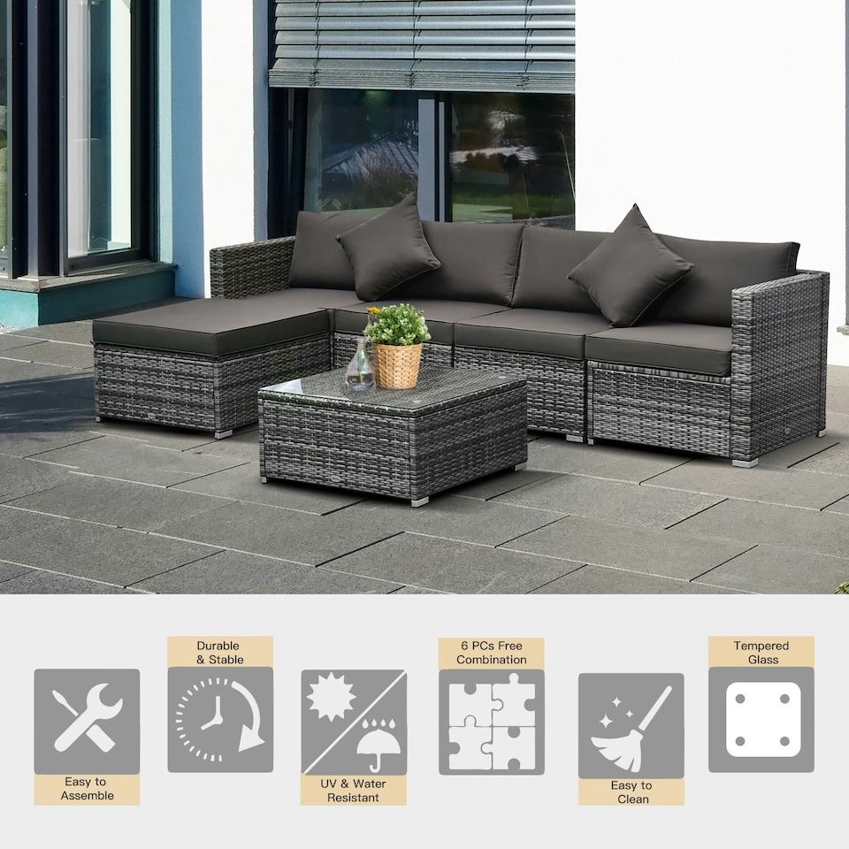 image 1 of 6pc Outsunny Deluxe Rattan Furniture Set- Grey Garden Furniture Set
