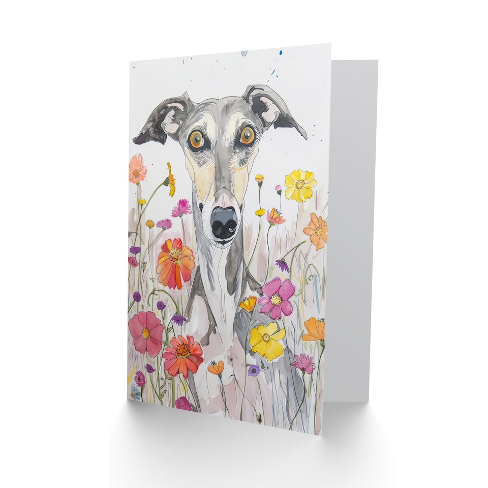 image 1 of Greeting Card Cute Whippet in Wildflowers Dog Lover Watercolour