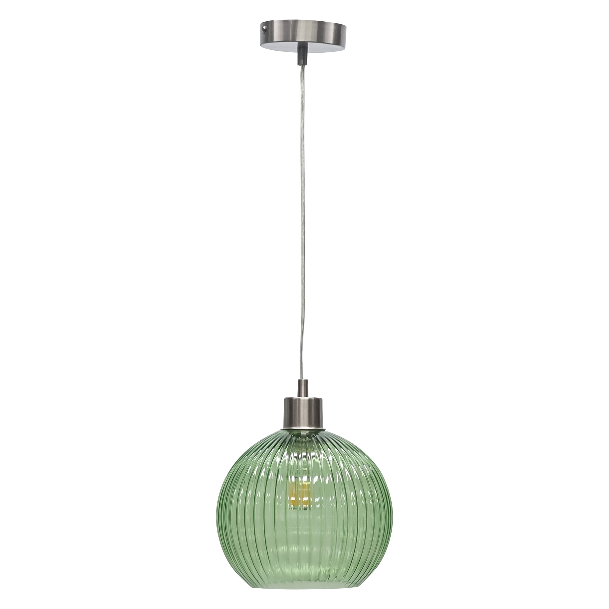 First Choice Lighting Betchley - Green Ribbed Glass Globe with Satin Nickel Pendant Fitting