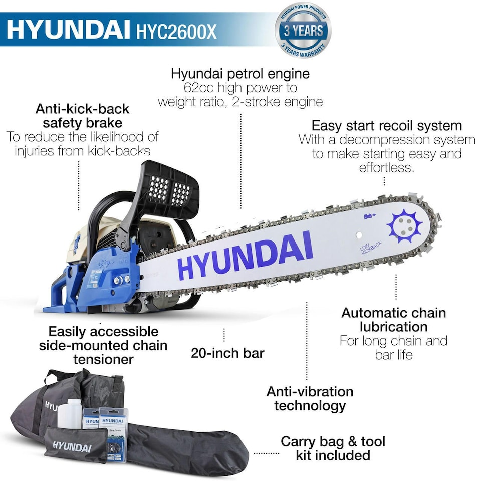image 1 of Hyundai 20" 62cc Petrol Chainsaw, 2-Stroke Easy-Start | HYC6200X