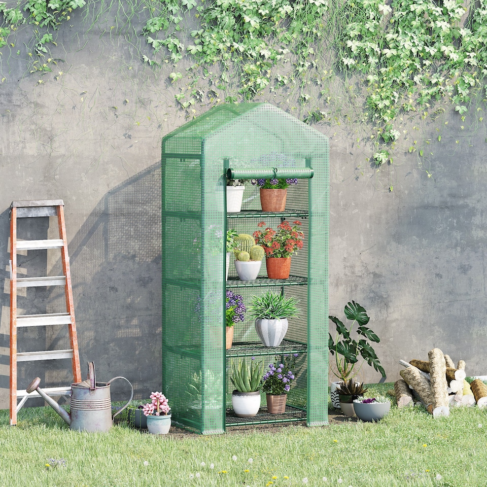 image 1 of Outsunny Mini Greenhouse 4-Tier Portable Plant House Shed w PE Cover, Green
