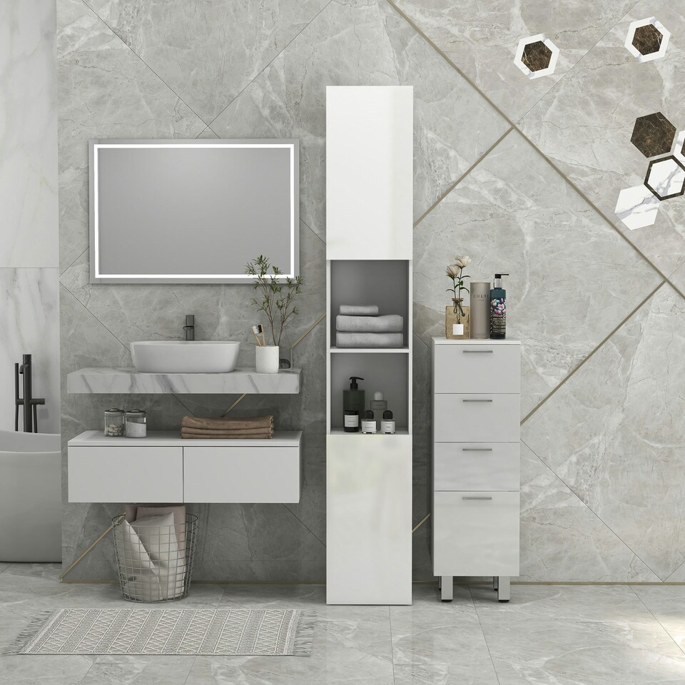 image 1 of kleankin High Gloss Bathroom Storage Cabinet with Adjustable Shelves White