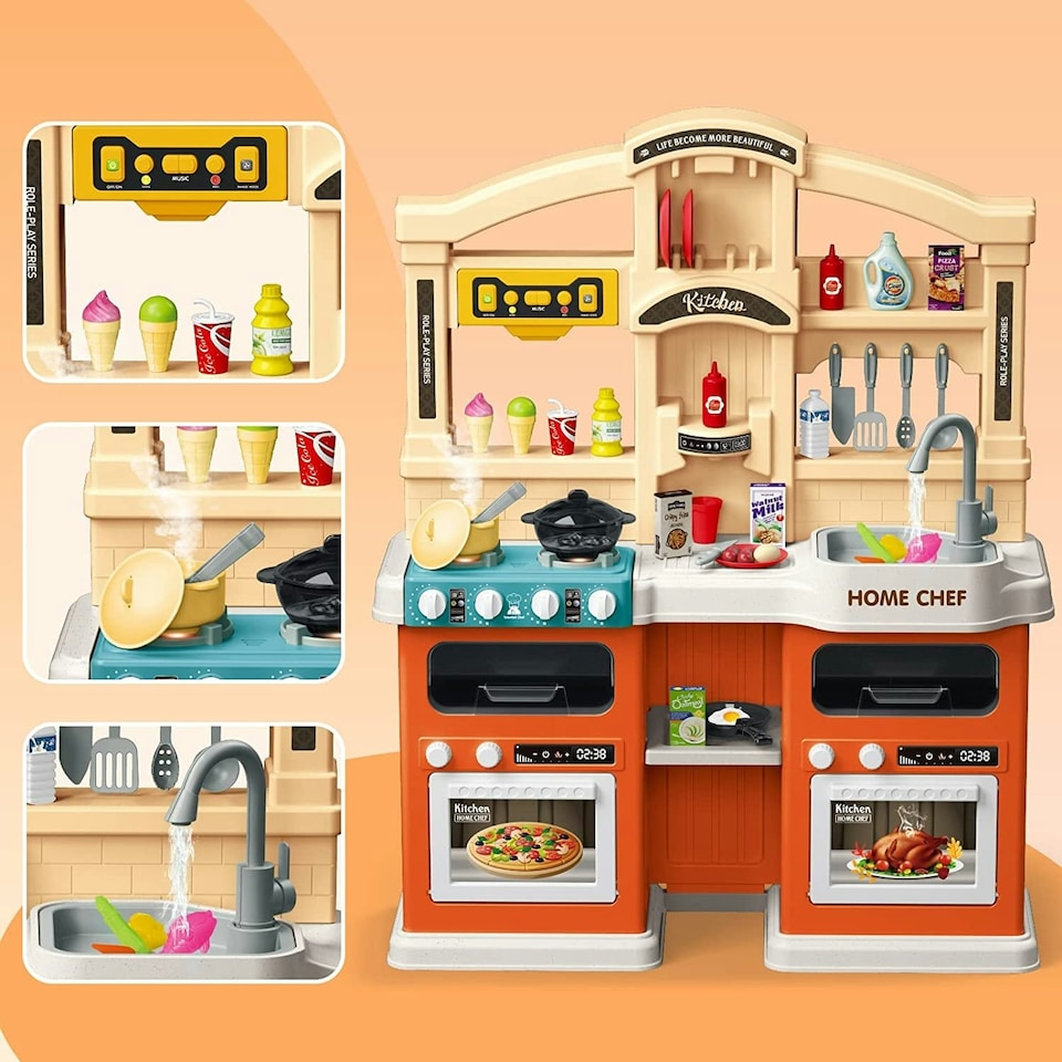 image 1 of Kids Kitchen Playset with Sound Lights Steam Boil Effects Pretend Play Kitchen Set with Accessories