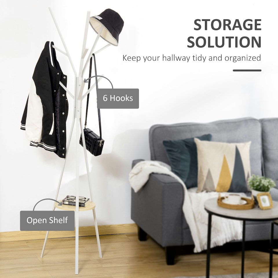 image 1 of HOMCOM 180cm Free Standing Coat Rack Metal Shelf Holder Stand White