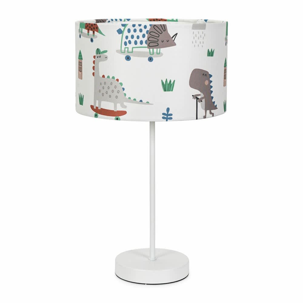 ValueLights Charlie White Metal Single Stem Table Lamp with Cartoon Dino Lamp Shade