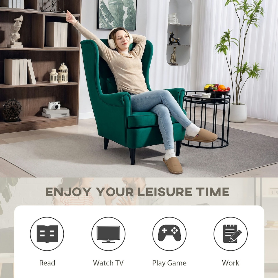 image 1 of HOMCOM Wingback Chair, Modern Accent Chair for Living Room Bedroom Green
