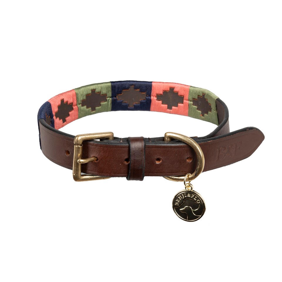 image 1 of Benji & Flo Sublime Polo Leather Dog Collar | Pink | Pink/Navy/Green | Extra Large | 1