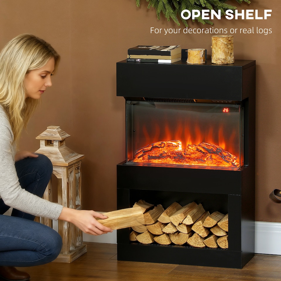 image 1 of HOMCOM 1000W/2000W Electric Fire and Mantel with Remote & Timer, Black