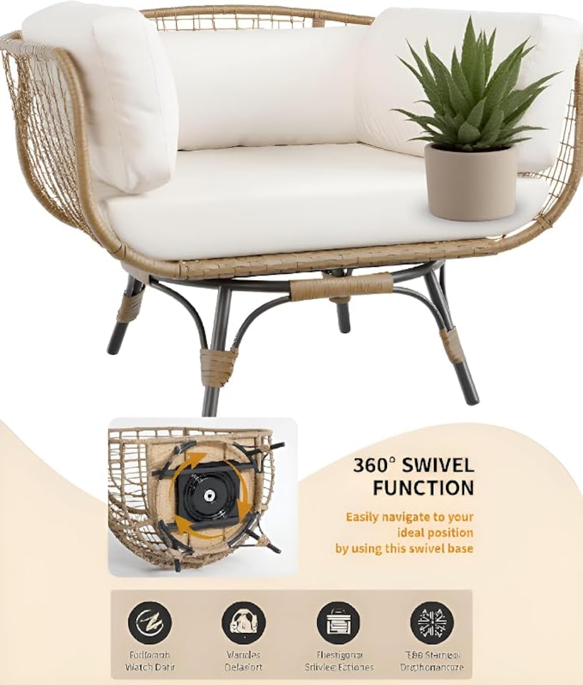 image 1 of London Boutique Oversized Rattan Egg Chair 85x143x95cm - 360° Swivel Patio Lounge Chair with Beige Cushions, All-Weather PE Wicker & 350 lbs Metal Base for Garden & Balcony