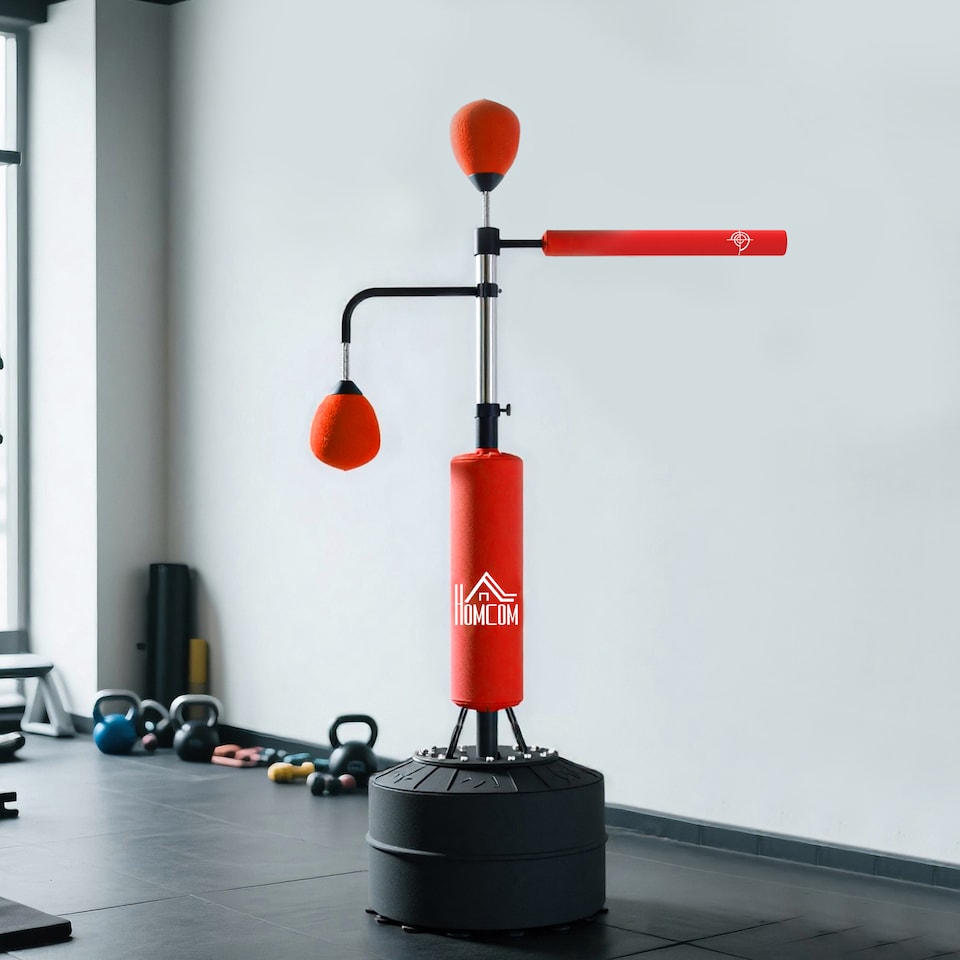 image 1 of HOMCOM Boxing Punching Bag Free Standing with 2 Speed Balls, Relax Bar, Boxing Bag and Fillable Base, 160-230cm Adjustable Height | Red | Red