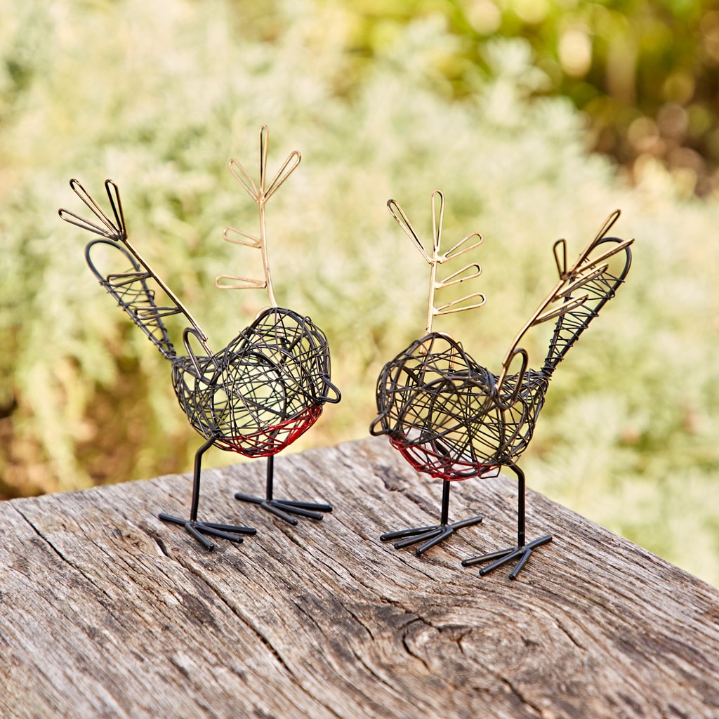 Paper High Set of Two Small Wire Winged Robin Decorative Ornament in Black