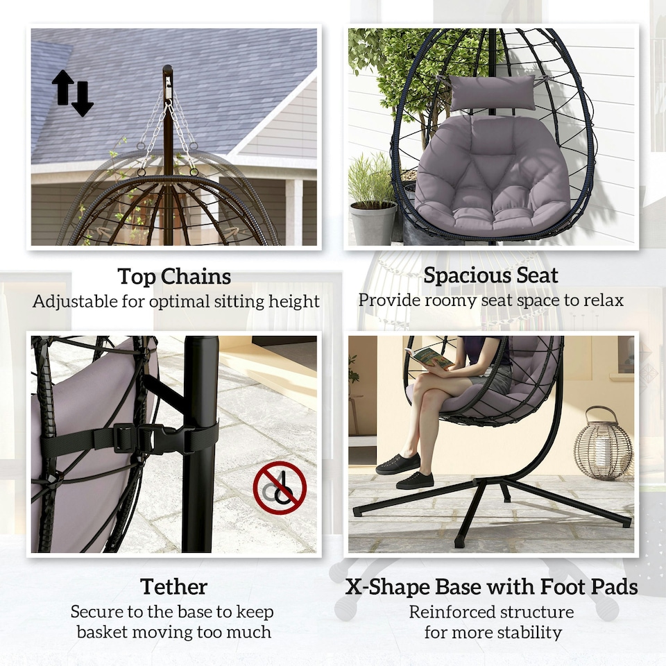 image 1 of Outsunny Garden Egg Chair Outdoor Hanging Swing Chair, Folding Basket, Grey