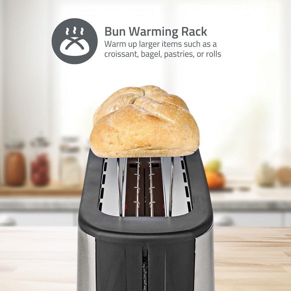 image 1 of Long Slot Toaster, Long Slice or 2 Slice Stainless Steel Toaster with Bun Warming Rack, 6 Browning Levels, Removeable Crumb Tray, Defrost and Reheat, 1000W