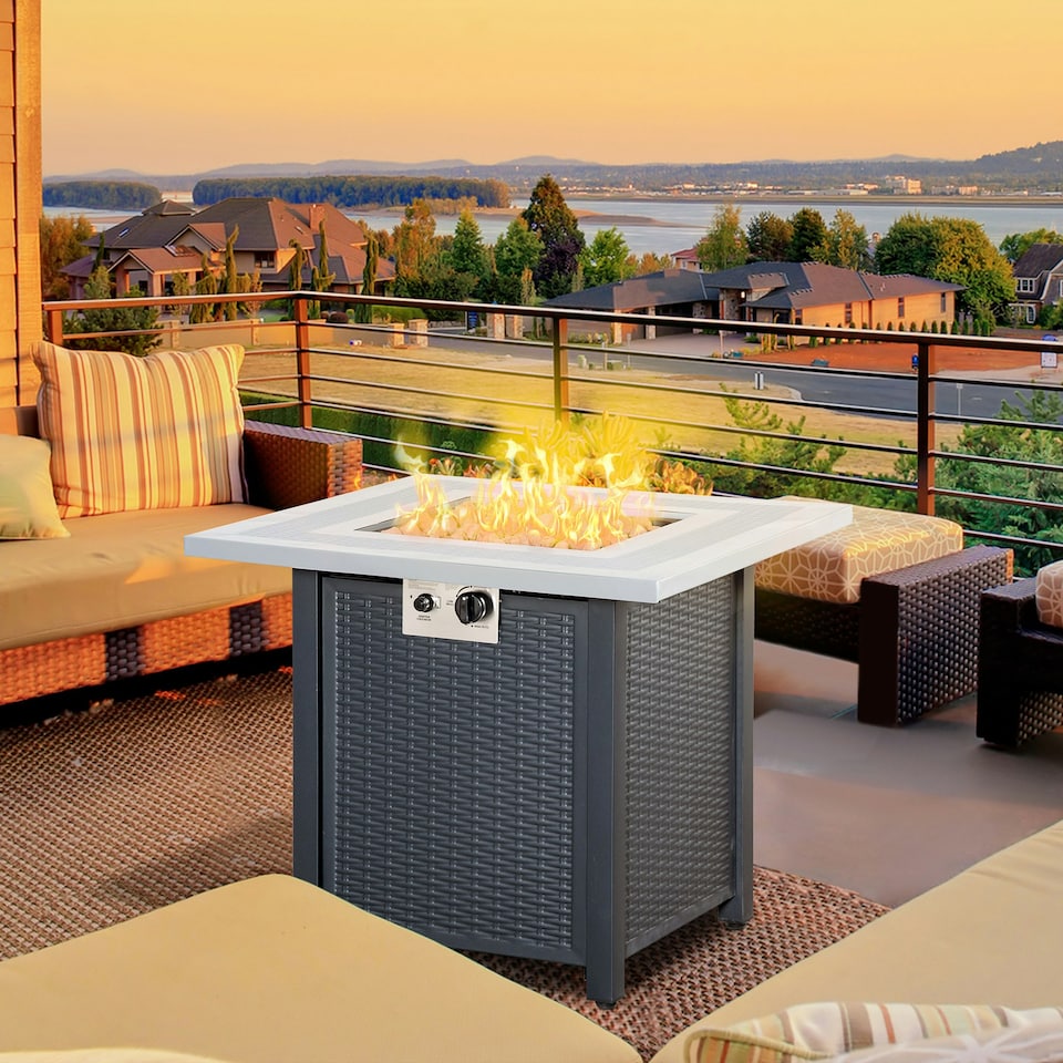 image 1 of Outsunny Outdoor Propane Gas Fire Pit Table w/ Lid and Lava Rocks, Black