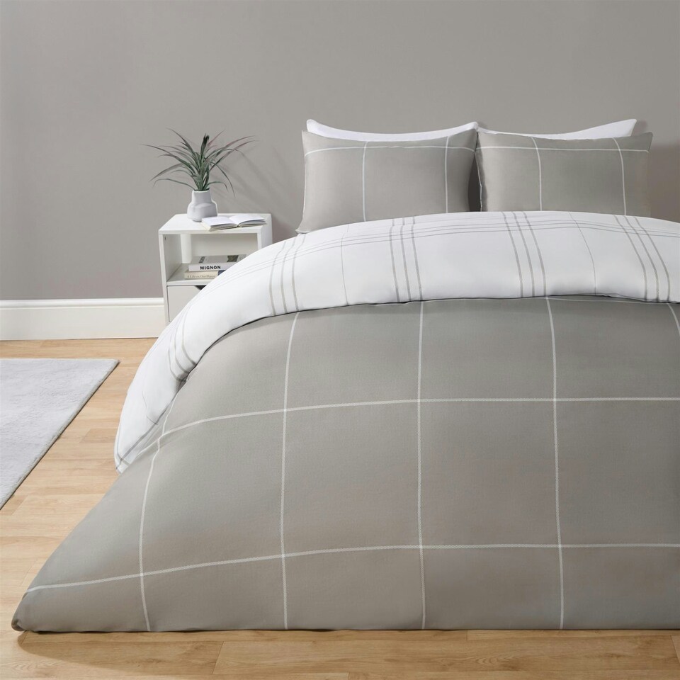 image 1 of OHS Grid Check Reversible Print Soft Duvet Cover Bedding Set, King - Grey/White Multi | Grey and White | King