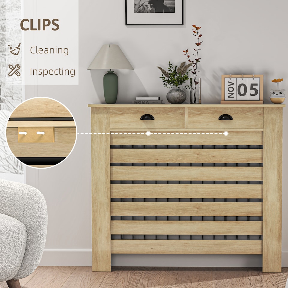 image 1 of HOMCOM Radiator Cover with Drawer, Horizontal Slat, 111cm, Oak