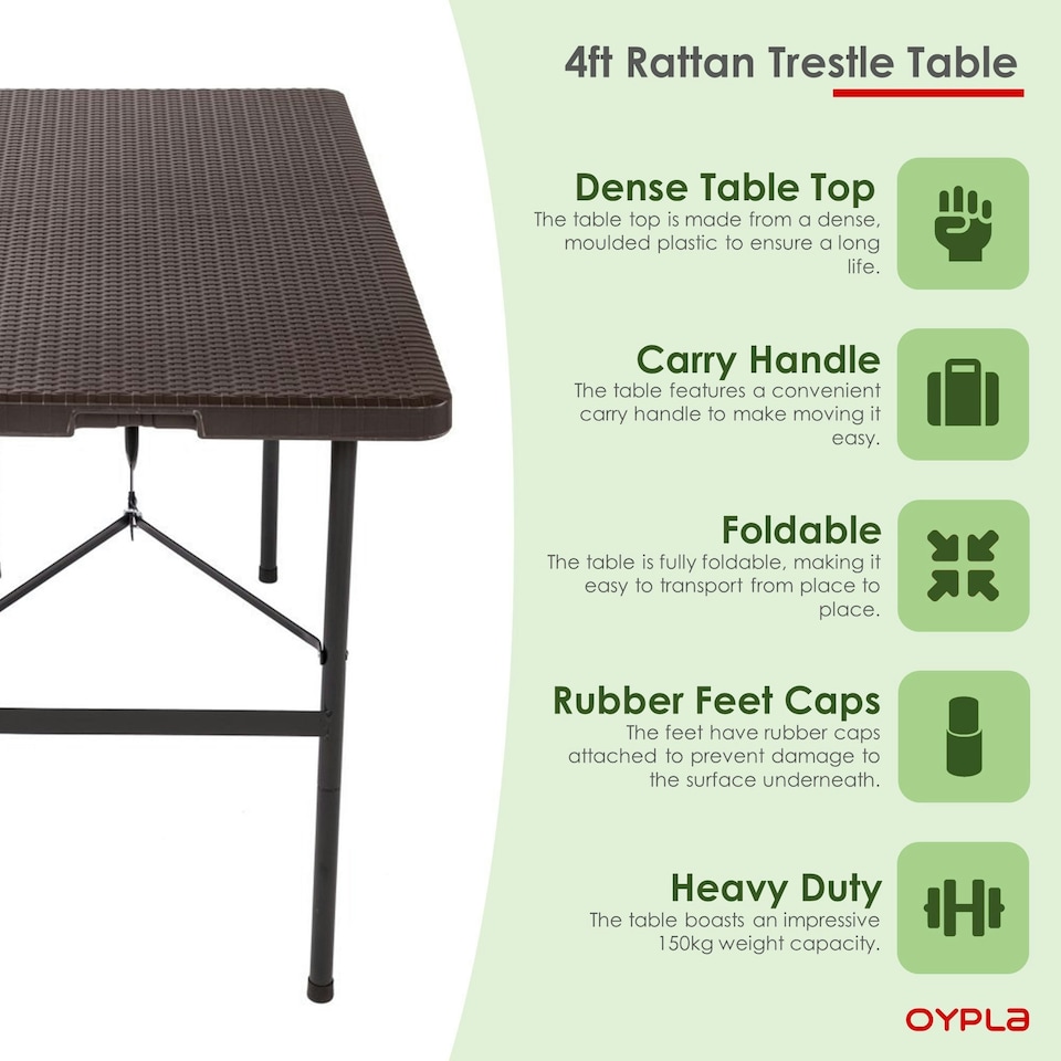 image 1 of Oypla 4ft 1.2m Folding Heavy Duty Outdoor Rattan Trestle Party Garden Table Brown