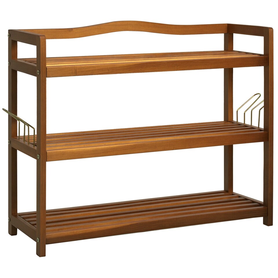 image 1 of HOMCOM 3-Tier Shoe Rack Acacia Wood Shoe Storage Shelf for Entryway Bedroom Teak
