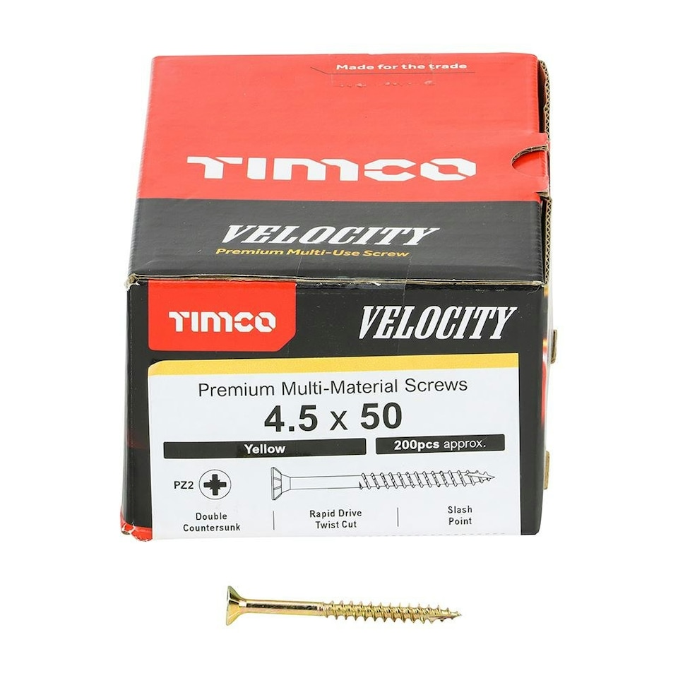 image 1 of Timco - Velocity Premium Multi-Use Screws - PZ - Double Countersunk - Yellow (Size 4.5 x 50 - 200 Pieces)